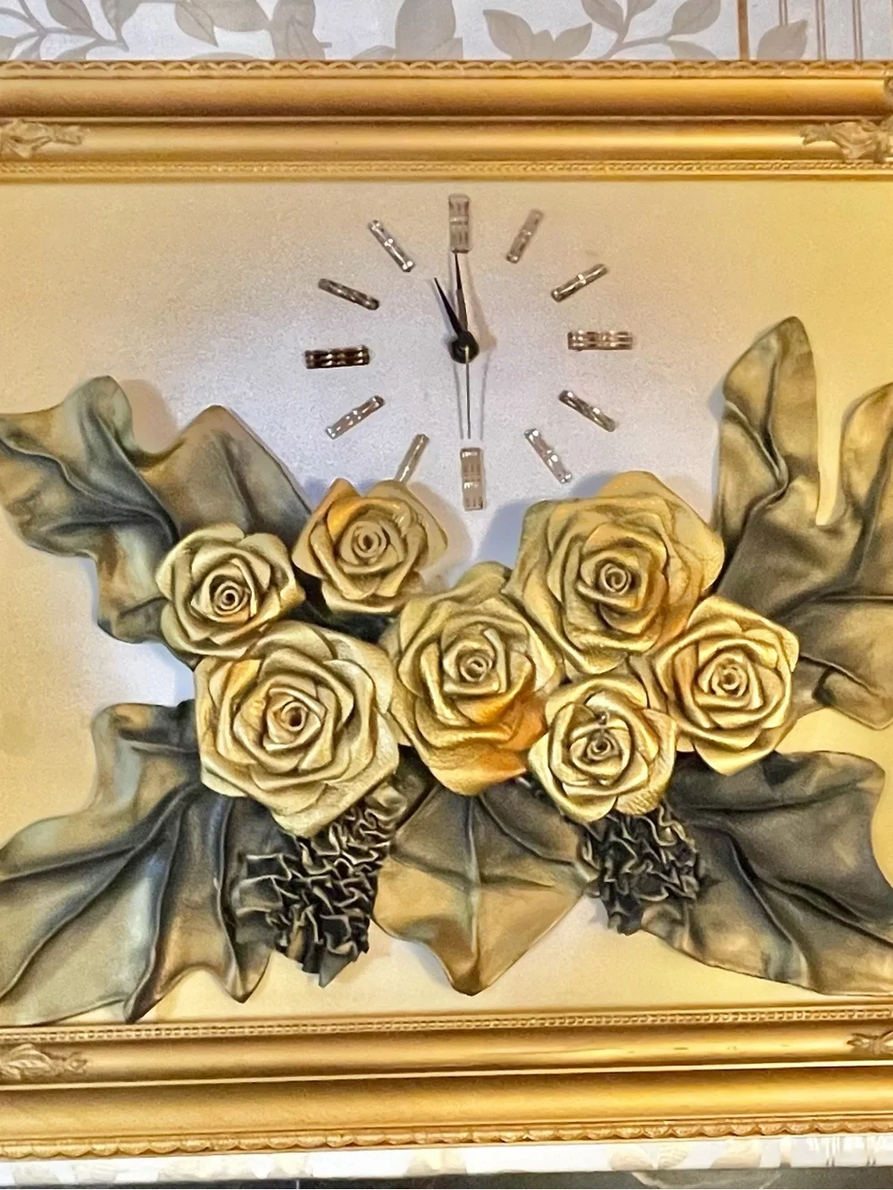 Vintage 3D Sculpted Leather Roses Wall Clock in Gold Ornate Frame